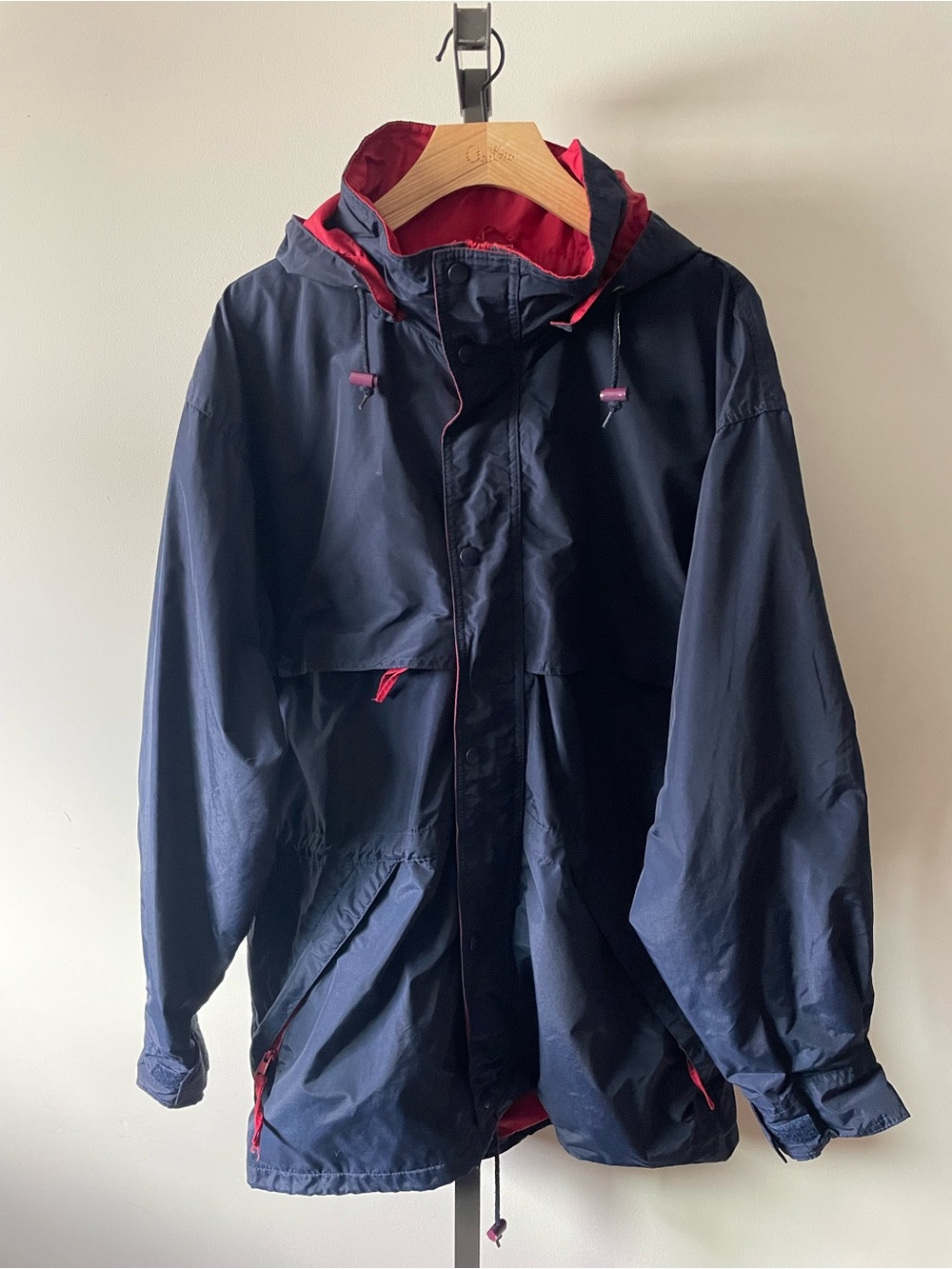 90s Mountain Gear Navy & Red Nylon Hooded Windbreaker Rain Jacket Mens Size L